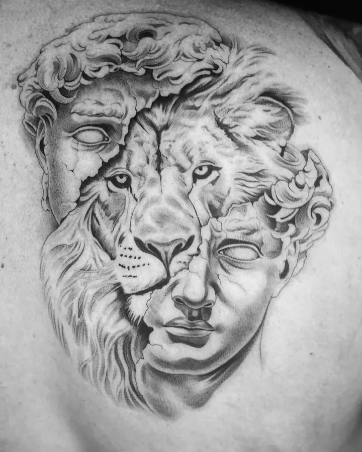 The finished lion and statue back piece in black and grey