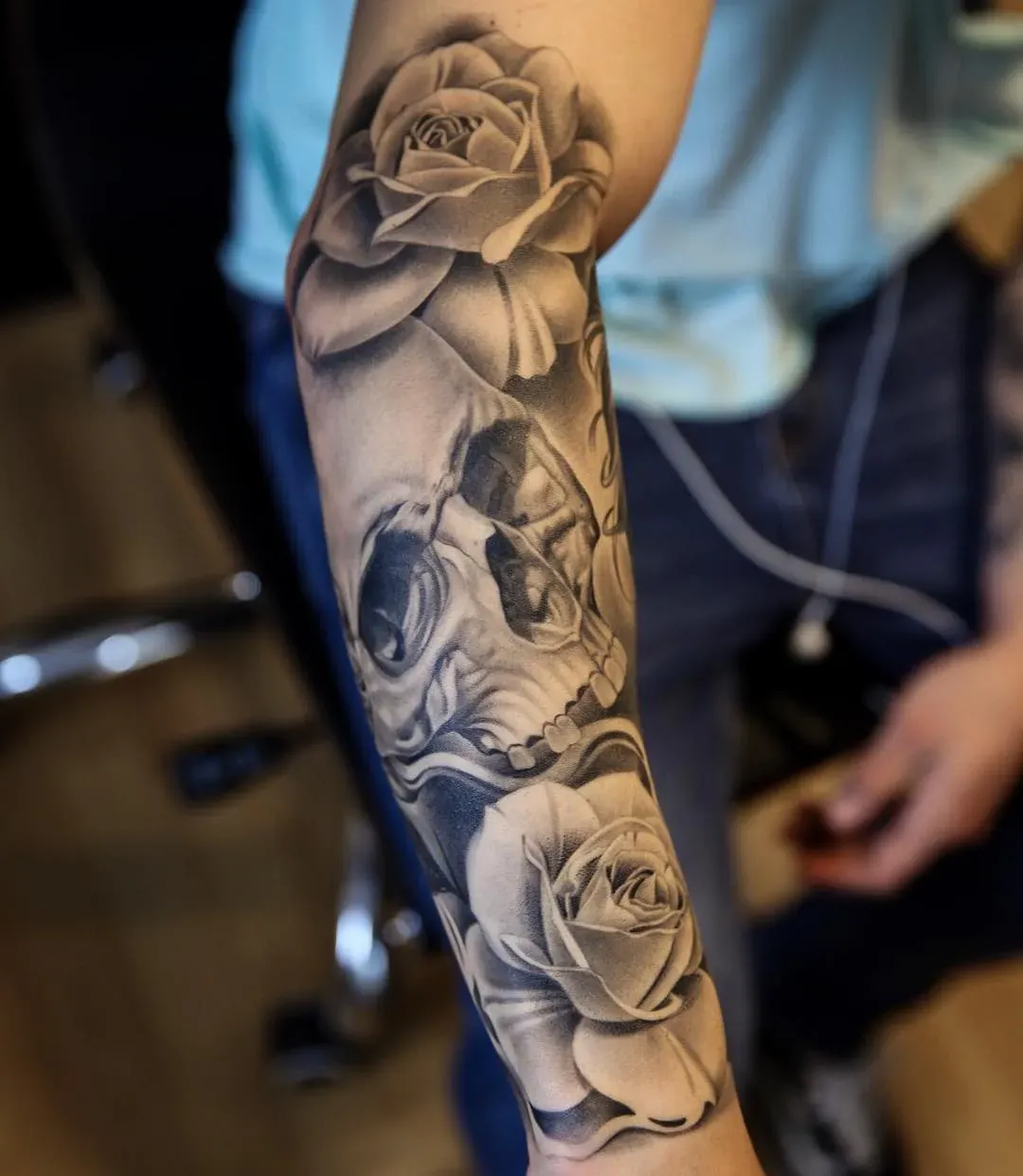 Rose and skull sleeve, healed, healed